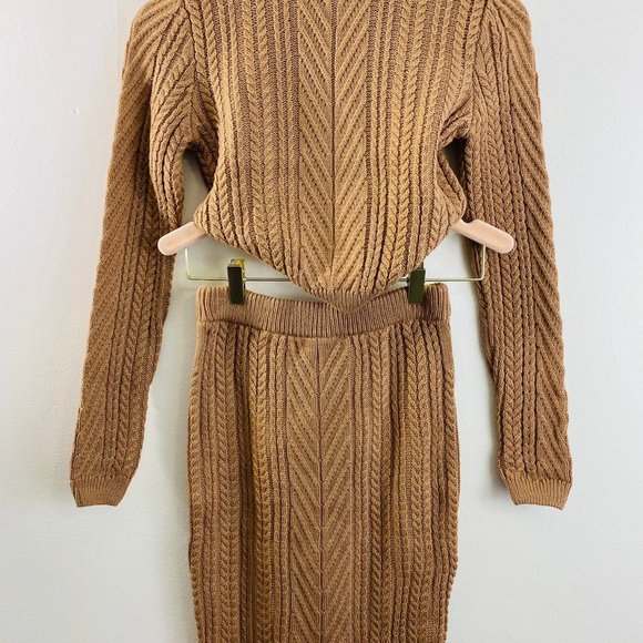 2 Piece Tan Knitwear Crew Neck Sweater Skirt Set - Picture 11 of 11